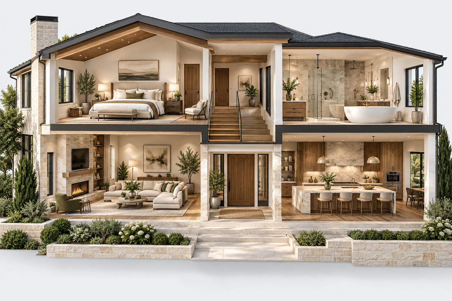 Photorealistic architectural cutaway of a luxury two-story home with a bedroom, bathroom, living room, kitchen, central stairs, and landscaped entry.
